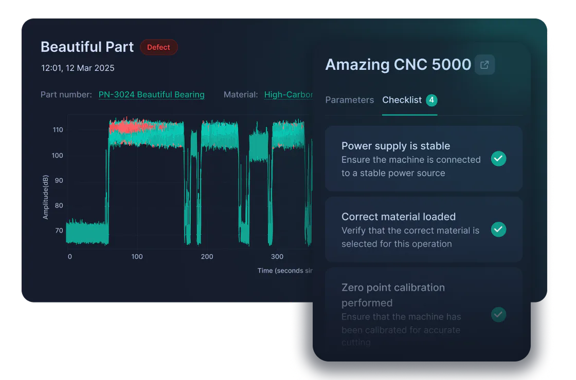 Ailoys dashboard: acoustic signal of a part with a detected defect and the machine checklist