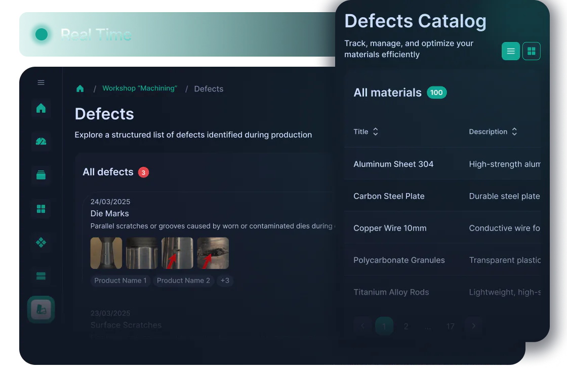 Ailoys defects catalog: defects found in production, sorted by material